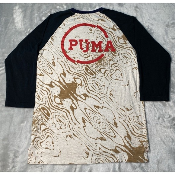 Puma Other - Puma 3/4 Sleeve Raglan Baseball T-Shirt Mens Medium Cream Navy Woodgrain Athlete